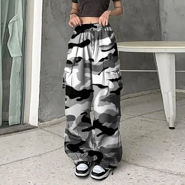 Pantalones cargo con estampado de camuflaje para mujer, estilo hip hop, estilo jogger, sudadera con cordón, informales, holgados y de pierna ancha. 