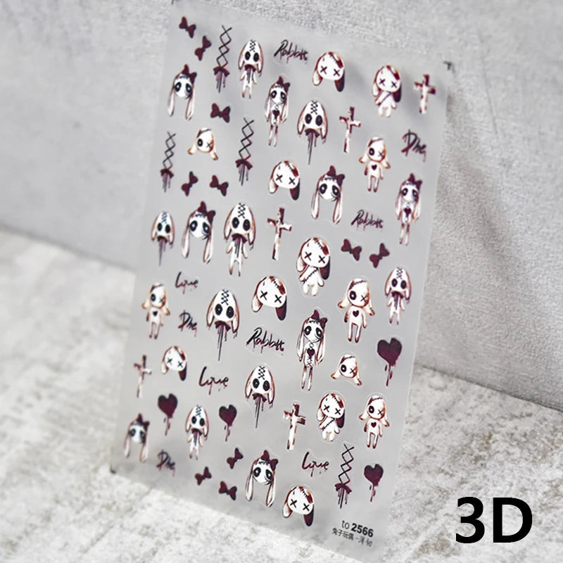 Thorns Rose Bloody Bunny 5D Embossed Reliefs Self Adhesive Nail Art Stickers Dark Style 3D Nail Decorations Decals Wholesale