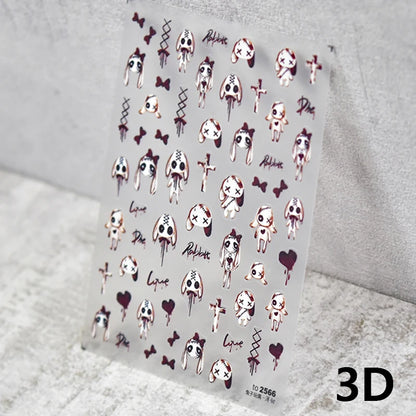 Thorns Rose Bloody Bunny 5D Embossed Reliefs Self Adhesive Nail Art Stickers Dark Style 3D Nail Decorations Decals Wholesale