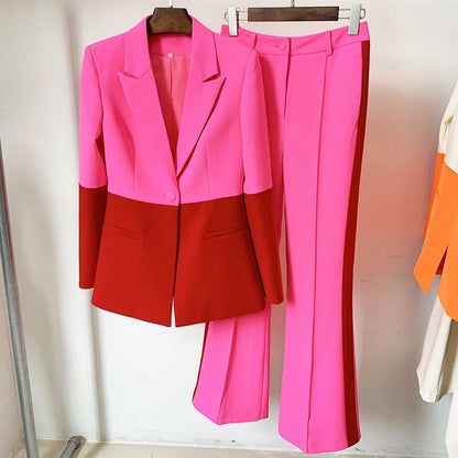 HIGH QUALITY Newest 2025 Star Style Fashion Designer Runway Suit Set Women's Single Button Color Block Blazer Flare Pants Suit