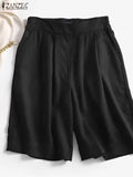 ZANZEA Women Elastic Waist Shorts Korean Solid Wide Leg Trousers 2024 Summer Casual Loose Pants Holiday Pleated Pockets Shorts