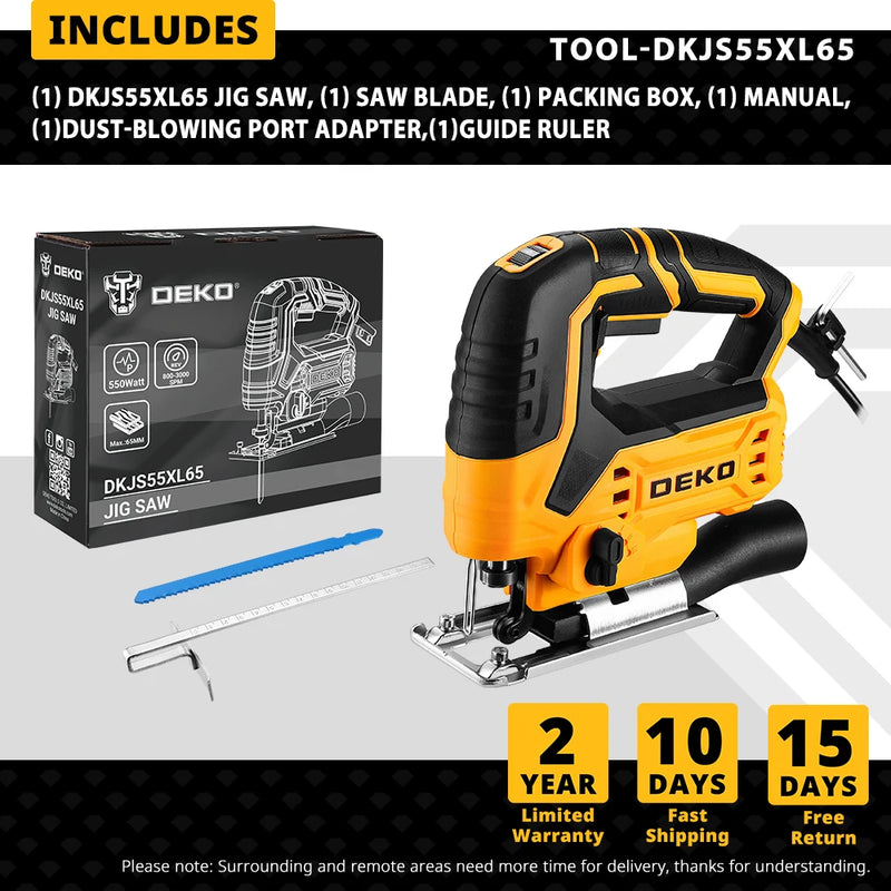 DEKO 220V DKJS55XL65 550W JIG SAW Woodworking Electric Tools Electric Saw With Guide Ruler Saw Blade Allen Wrench