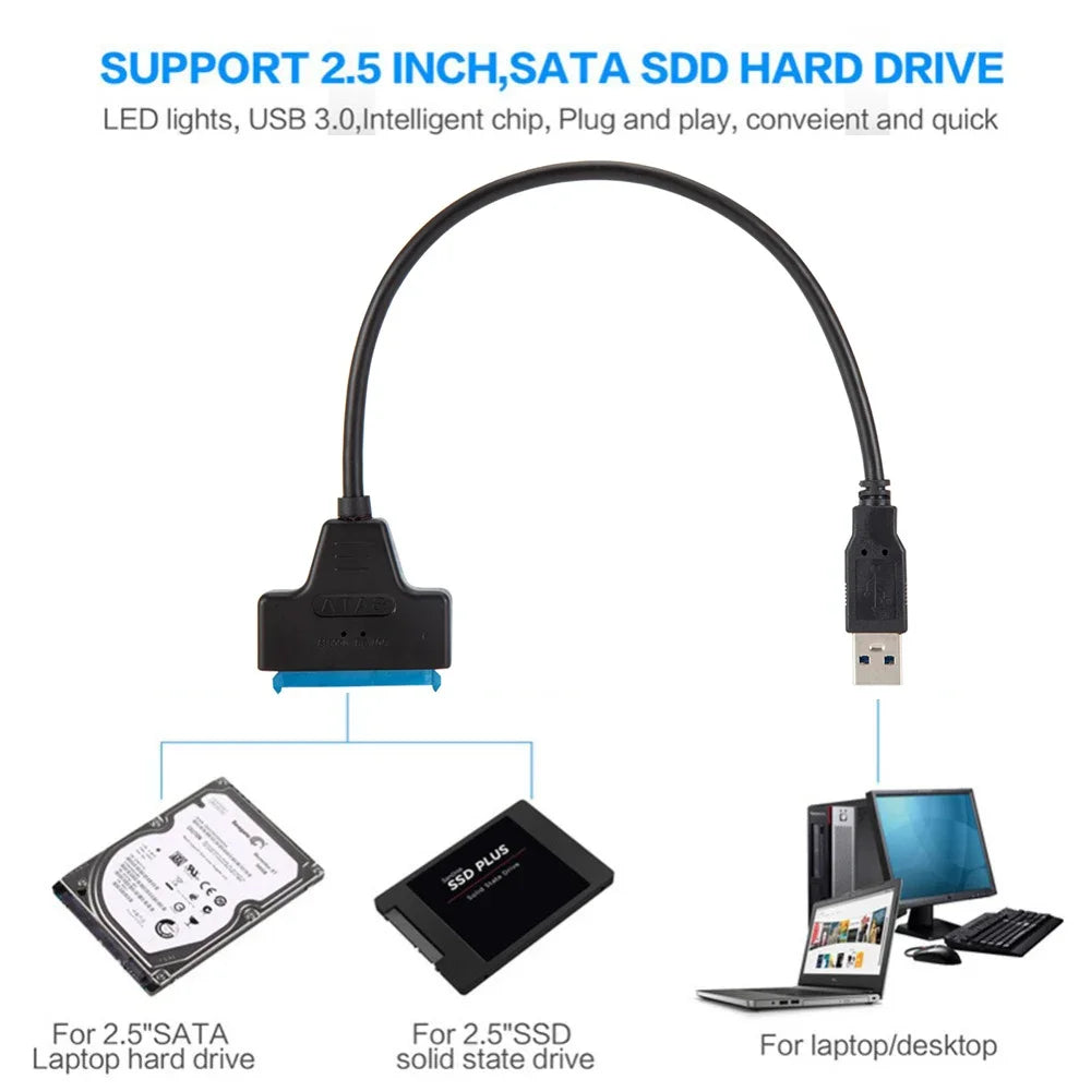 Cable adaptador SATA a USB 3.0 de 22 pines, compatible con discos duros externos HDD/SSD de 2,5 pulgadas, hasta 6 Gbps.