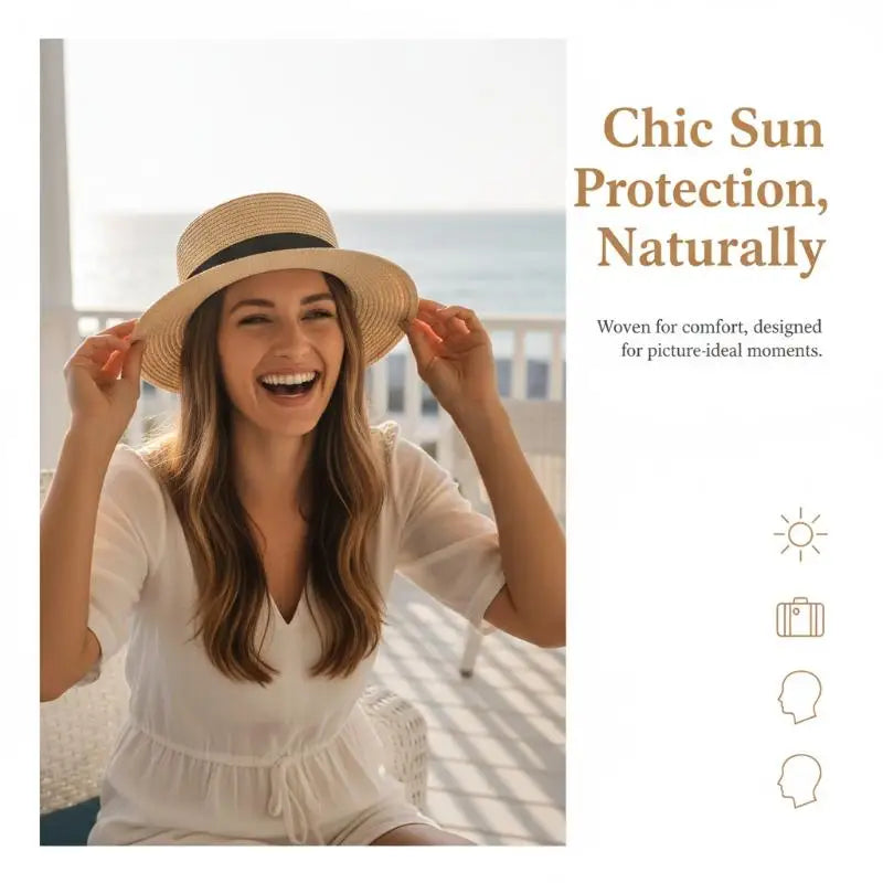 High Quality Flat Top Boater Sun Hat Straw Hat For Men & Women Summer Travel & Beach With Wide Brim UV Protection