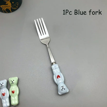 New Cute Bear Spoon Fork Ceramic Dessert Milk Fruit Salad Spoons Cartoon Flatware Kid Cutlery Tableware School Picnic Dinnerware