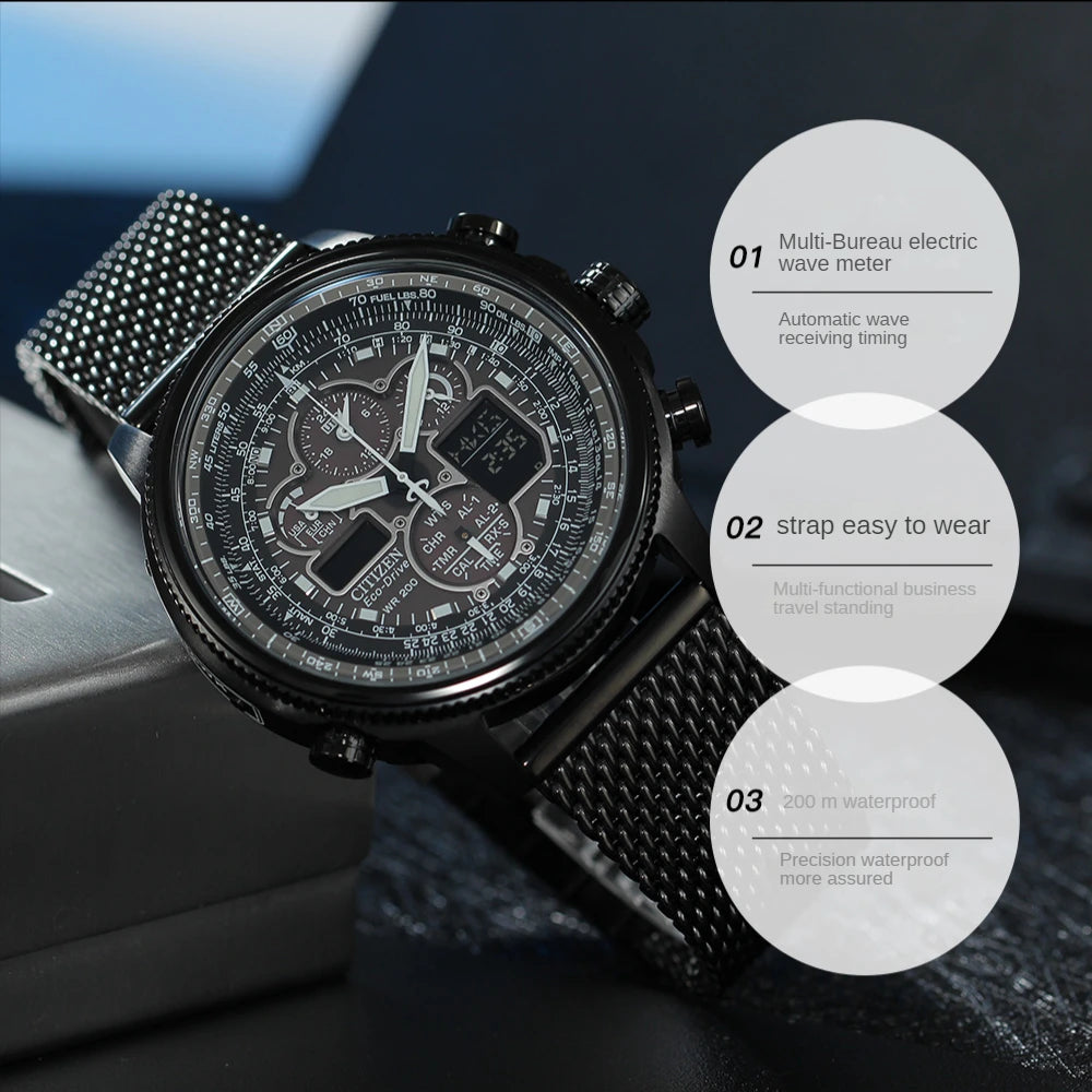 Reloj CITIZEN Skyhawk para hombre, de lujo, resistente al agua, de acero inoxidable, de cuarzo, informal, de negocios.