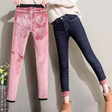 2023 Mujeres Jeans Térmicos Invierno Nieve Cálido Felpa Elástico Jeans Señora Skinny Espesar Polar Denim Pantalones Largos Retro Lápiz Pantalones