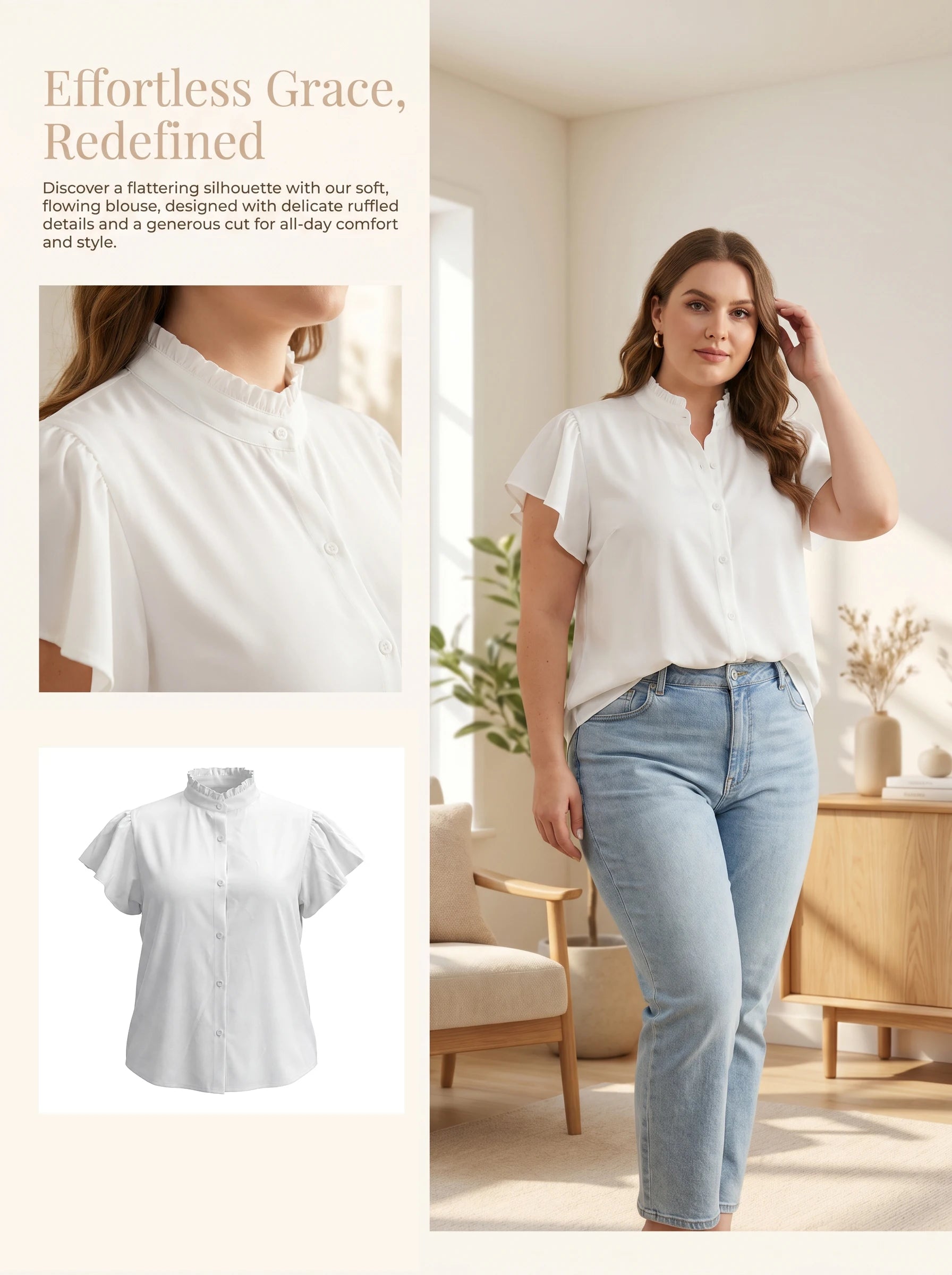 Gadinus Plus Size Women's Flutter Sleeve Blouse Ruffle Collar Button Front Loose Fit Curved Hem Tunic Top