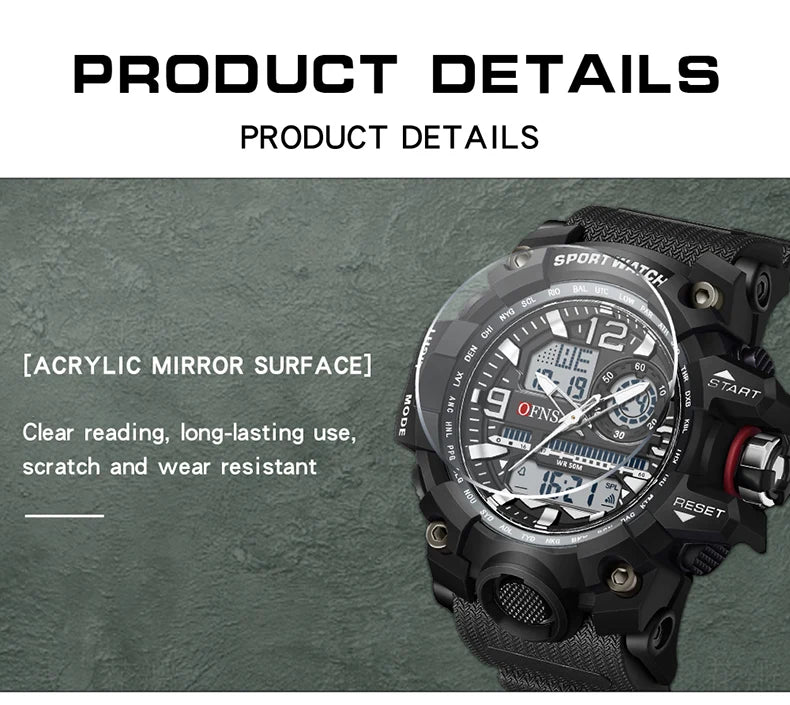 OFNS - Reloj de lujo estilo G para hombre, resistente al agua hasta 50 m, multifunción, deportivo, militar, de cuarzo, con LED digital