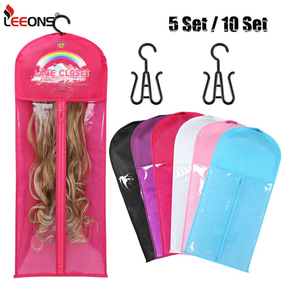 5/10 conjunto saco de armazenamento de peruca longa titular caso extensões de cabelo saco de armazenamento com cabide para peruca saco de armazenamento de extensão de cabelo com cabide