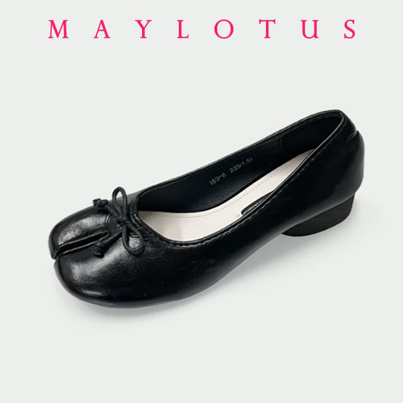 Spring Women Flat Split Toe Shoes with Bow Soft Leather Bow Tie Front Shallow Slip On Girls Tabi Shoes Flats Ballet Shoes