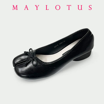 Spring Women Flat Split Toe Shoes with Bow Soft Leather Bow Tie Front Shallow Slip On  Girls Tabi Shoes Flats Ballet Shoes