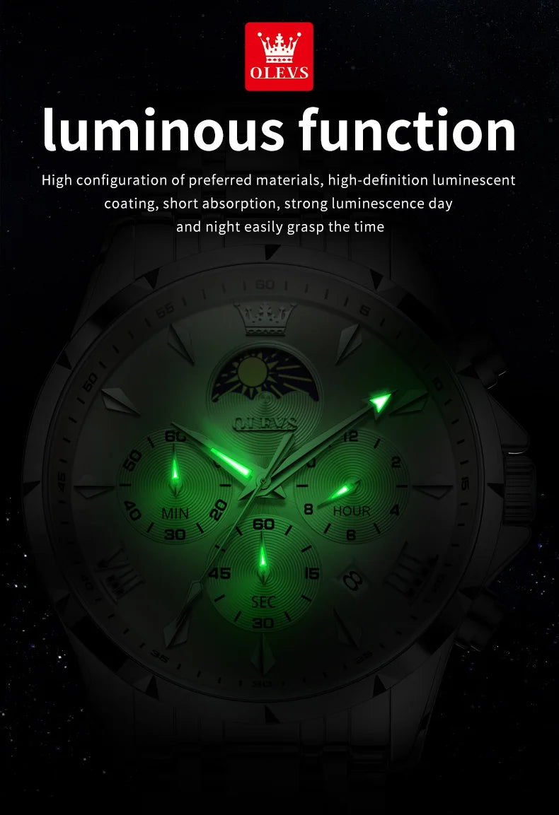 OLEVS 3653 Mens Watch Quartz Watch Multifunctional Chronograph Watch For Men 30M Waterproof Luminous Moon Phase Box Original