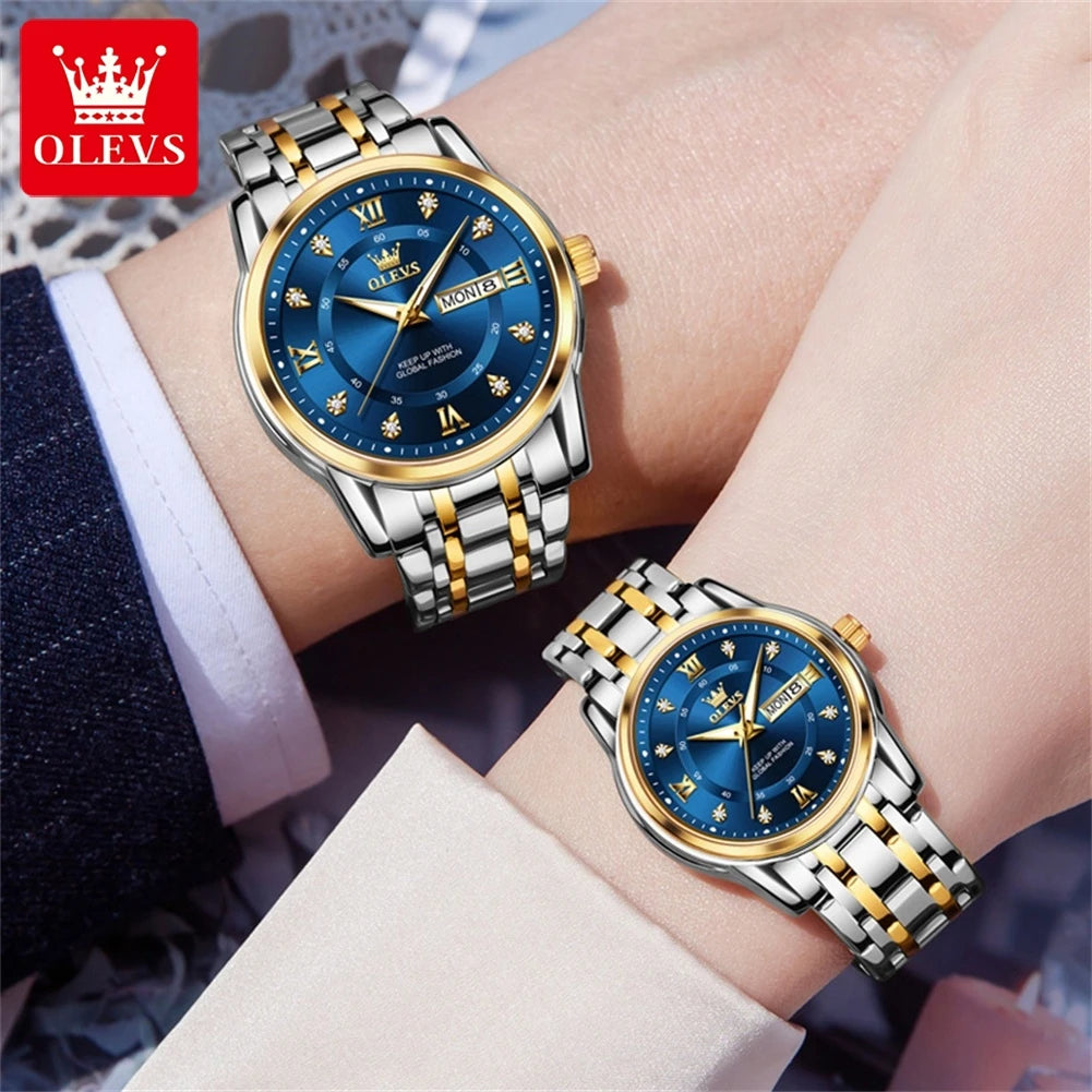 Olevs 5513 moda casal relógio de aço inoxidável à prova dwaterproof água duplo calendário na moda relógio de quartzo para homem e mulher relógio original