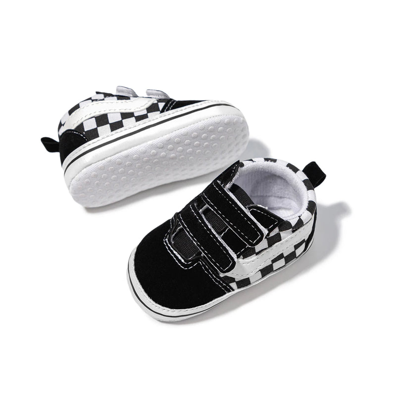 Zapatos Meckior para bebé niño y niña, zapatillas de lona con suela de goma antideslizante y diseño de rayas a cuadros, para primeros pasos, zapatos casuales unisex para bebé.