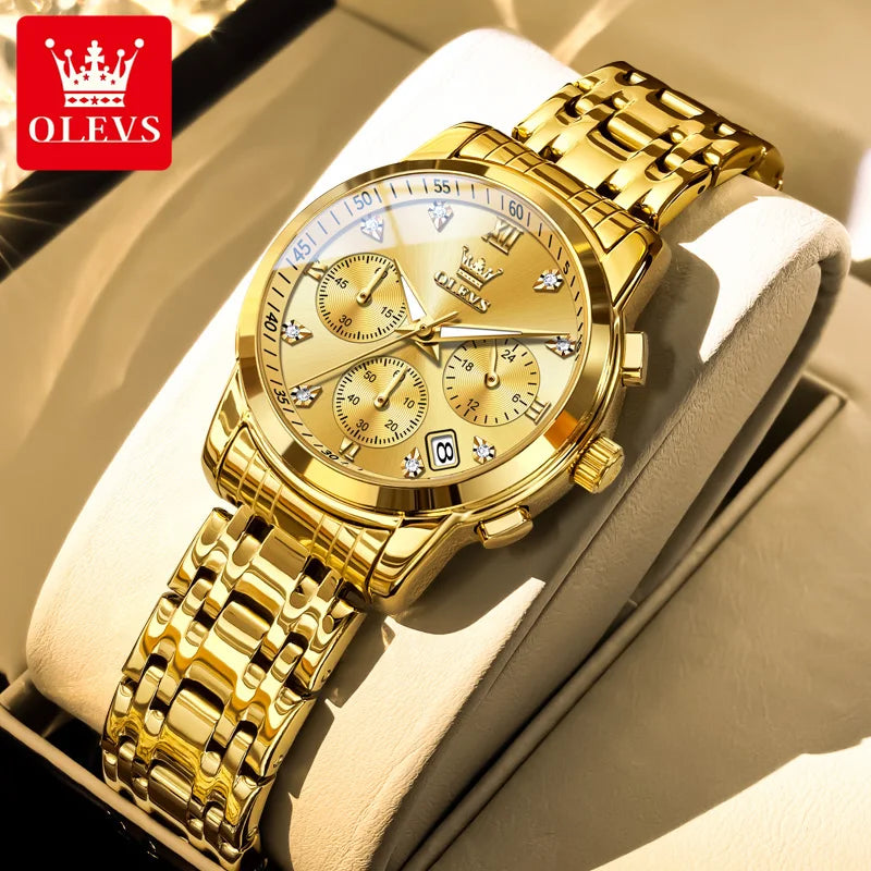 Relógio feminino Olevs de luxo quartzo a prova de agua calendário de pontos elegantes em estilo diamante