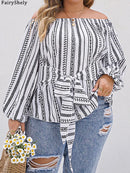 Fairyshely 2025 Spring Stripe Print Plus Size Top Women Long Sleeve Large Pullover T-shirt Lady Off Shoulder Casual Curvy Tops