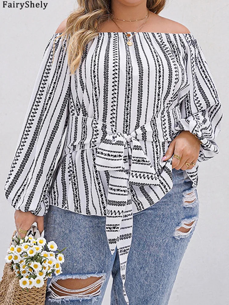 Fairyshely 2025 Spring Stripe Print Plus Size Top Women Long Sleeve Large Pullover T-shirt Lady Off Shoulder Casual Curvy Tops