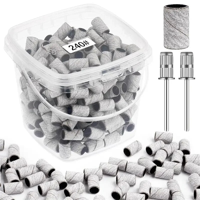 200pcs nail art Sanding Bands 80 120 180 240 Grit with 2Pcs Nail Drill Bits for Manicures and Pedicure accessories