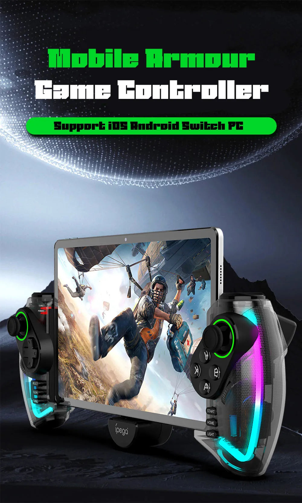 Mando Bluetooth Ipega PG-9777S para Nintendo Switch, Android, iOS, iPad y PC con luz RGB, vibración lineal y control extensible.