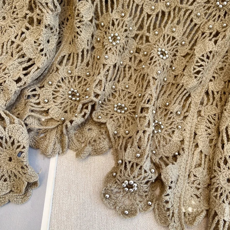 Casual Long Sleeve Elegant cardigan Beading O-neck Chic Vintage Hook Flower Hollow Out Top Plus Size Clothing