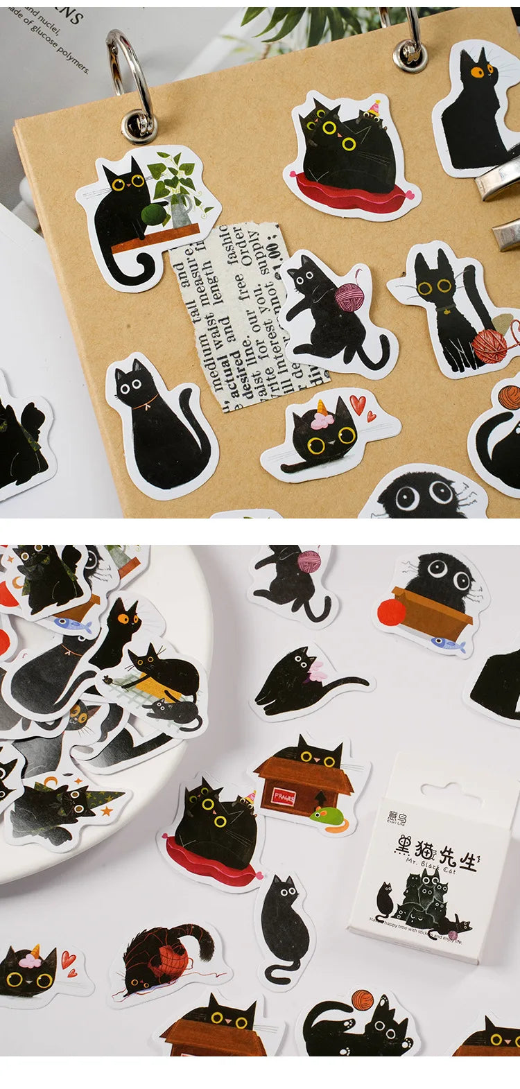 Mr. Paper 46pcs/Box Kawaii Black Cat Stickers Items Decoration DIY Handbook Stickers Boxed Cute Stickers Korean Stationery