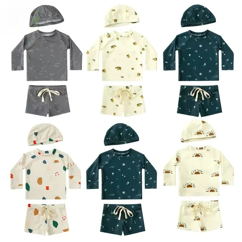 2025 Summer Baby Boys Swimsuit Long Sleeves One Piece Swimwear for Kids Toddler Cartoon UPF50+ Rash Guards Infant Bathing Sui
