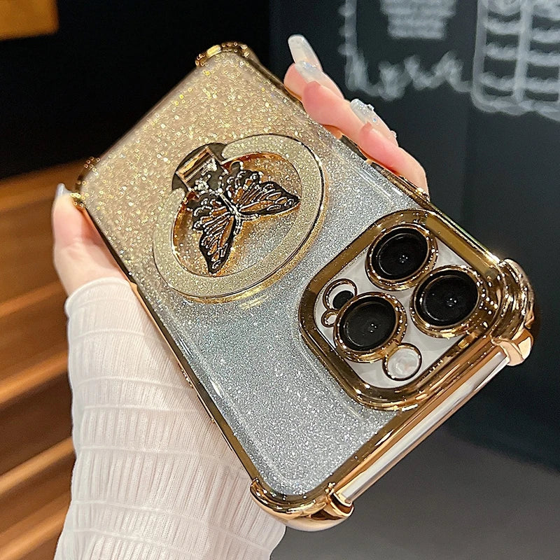 Xiaomi14t Shockproof Plating Butterfly Holder Case On For Xiaomi Mi 14t Pro Mi14t 14 T Mi14tpro Silicone Stand Cover 13t Mi13t