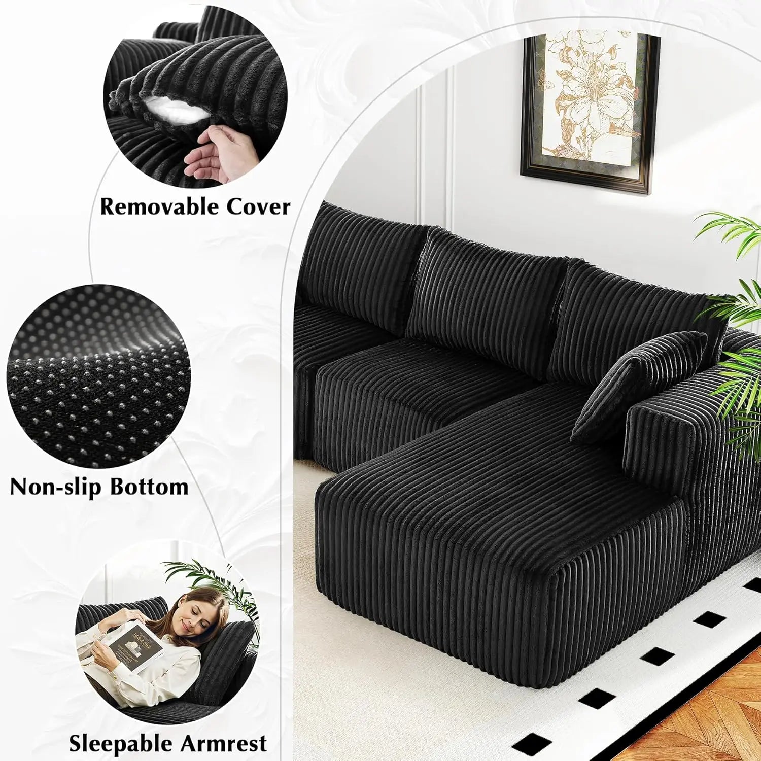 118" Compressed Sofa for Living Room L Shaped Boneless Couch, Modular Sectional Sofa, Sofa Bed Memory Foam Couches with Chaise