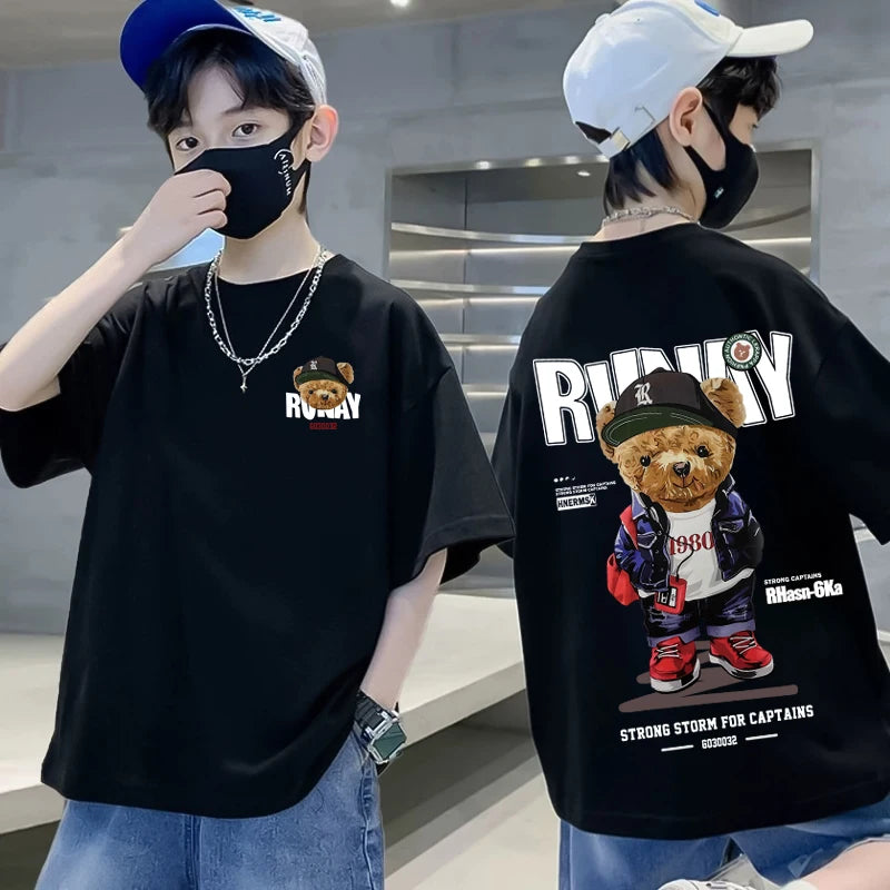 2025 Children's Clothing American Vintage Bear Print Graphic T Shirts Boys Summer Cotton Short-sleeved T-shirt Tops Streetwear
