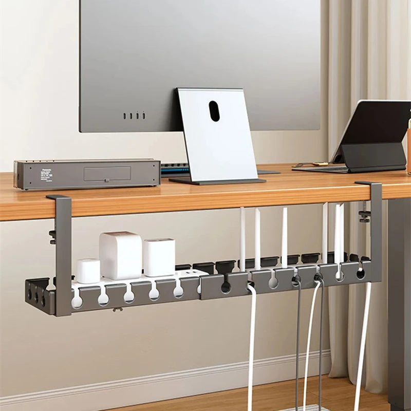 Under Table Storage Rack No-Drill Metal Cable Management Tray Home Office Desk Wire Organizer Retractable Power Strip Storage