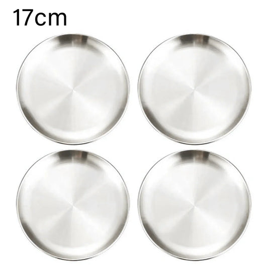4Pcs Stainless Steel Round Plate Bone Spitting Dish Shallow Tray Metal Camping Plate Dining Disc BBQ Picnic Dishes Cookware