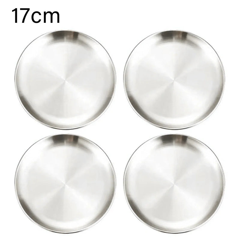 4Pcs Stainless Steel Round Plate Bone Spitting Dish Shallow Tray Metal Camping Plate Dining Disc BBQ Picnic Dishes Cookware