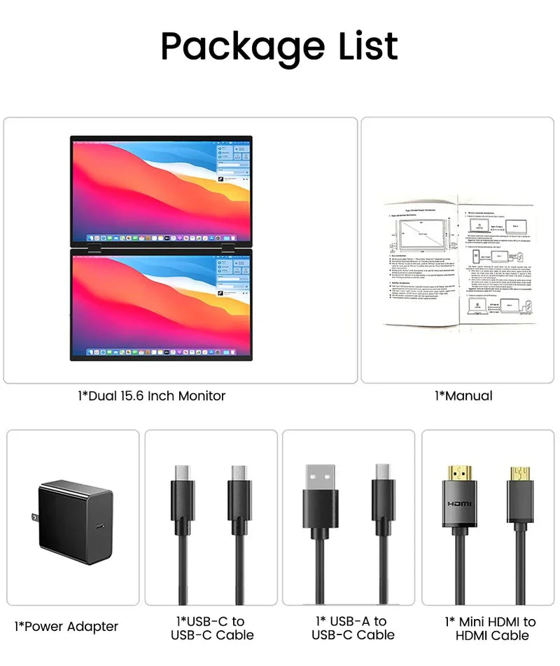 2025 15.6 Dual Screen 1920*1080P 60Hz Touch/Non-Touch Portable Monitor IPS Low Blue Light Eye Protection 360° Folding Drive-free