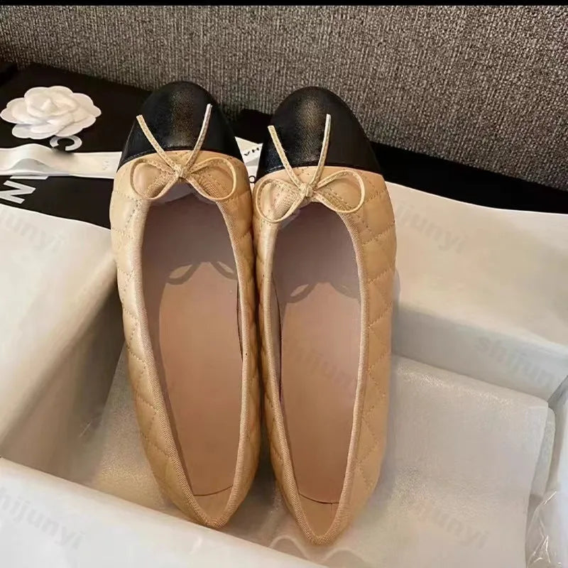 Women's Ballet Flat Shoes 2026 Spring New Round Toe French Elegance High-quality Leather Shoes Bow Comfortable Casual Shoes
