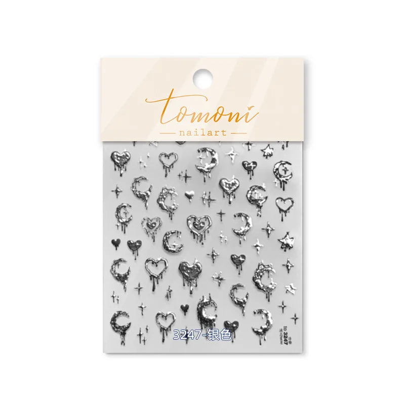 5D Realistic Relief Stamp Silver Melted Heart Moon Stars Balloon Angel Love Adhesive Nail Art Stickers Decals Manicure Charms