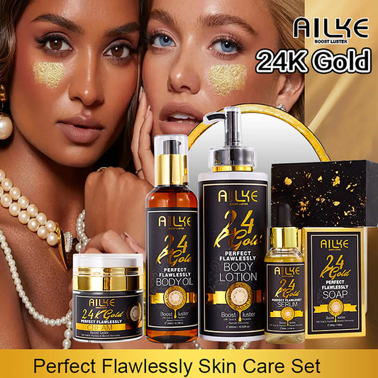 AILKE 24K Gold Flawlessly Skin Care Set, Whitening, Reduces Dark Spots, Pigmentation, Wrinkles, Moisturizes, For All Skin Types