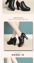 Comfortable Fashion Deep Mouth Soft Leather Women's Platform Shoes 2024 Fall Med Block Heels Single Shoes for Office Mom