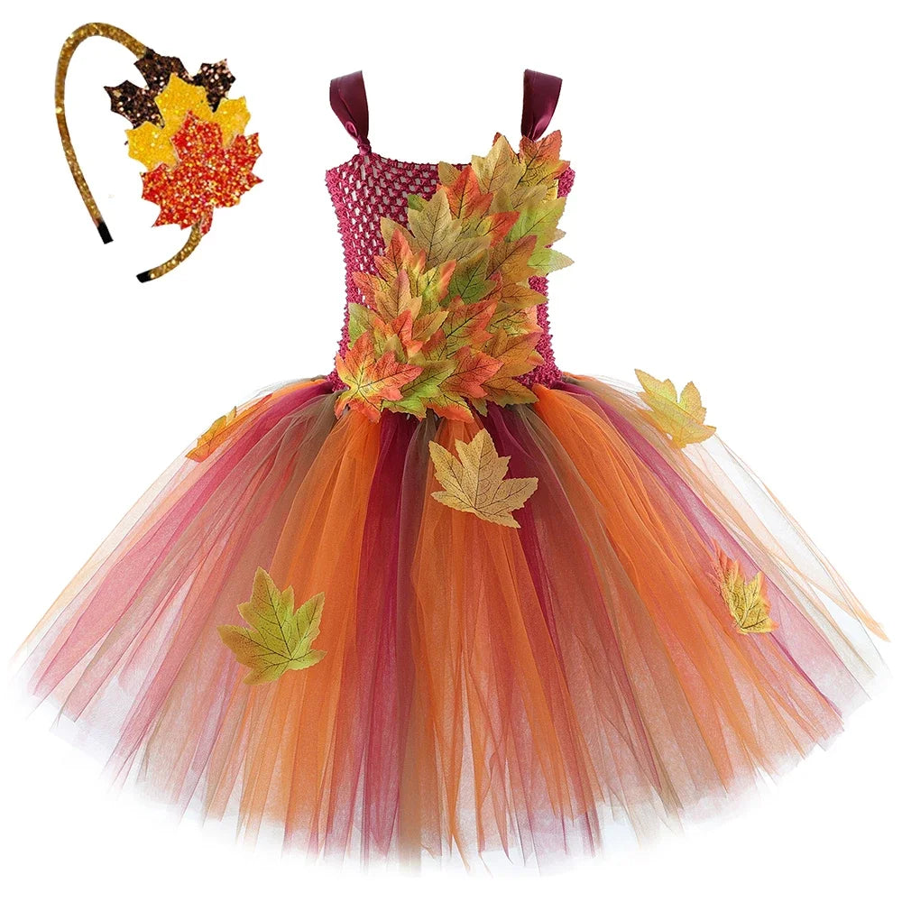 Fairy Costume for Girls Forest Woodland Autumn Fairy Tutu Dress Up Maple Leaves Halloween Thanksgiving Tulle Princess Dress 1-12T