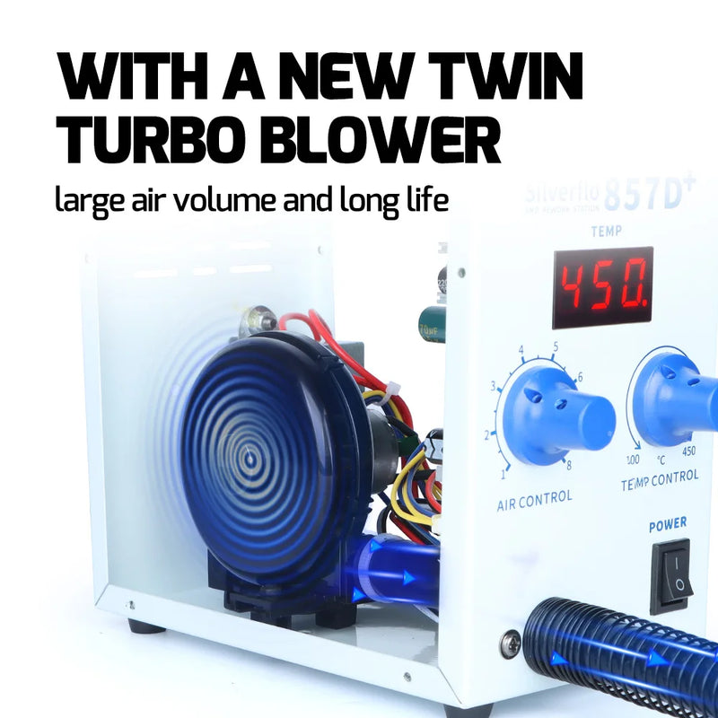 Silverflo 857D+ Soldering Station 600W  Hot Air Rework Welding Station Heat Gun With Twin-Turbo Blower for BGA SMD SOIC Repair