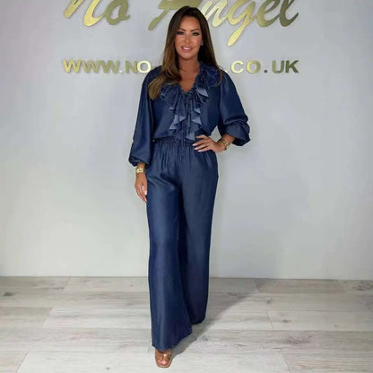 Casual Fashion Women's Set Temperament Lotus Leaf Collar Long Sleeve Top High Waist Wide Pants Denim Set 2025 Autumn New Style