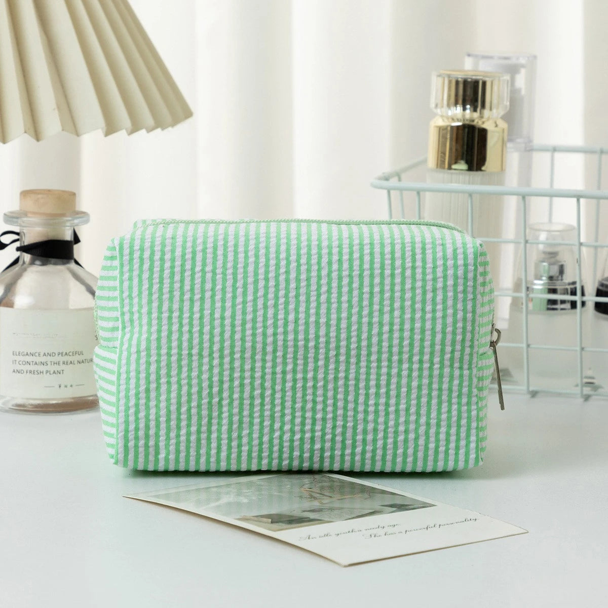 Stripe Seersucker Cosmetic Bag Fashion Women Cosmetic Bag Zipper Storage Makeup Case Traveling Pouch Organizer for Lady