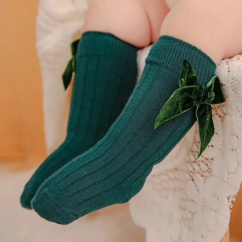 2 par/lote de calcetines de Navidad para bebés y niñas, calcetín largo hasta la rodilla con lazo grande para niños pequeños, calcetines rojos de algodón suave para recién nacidos de 0 a 5 años