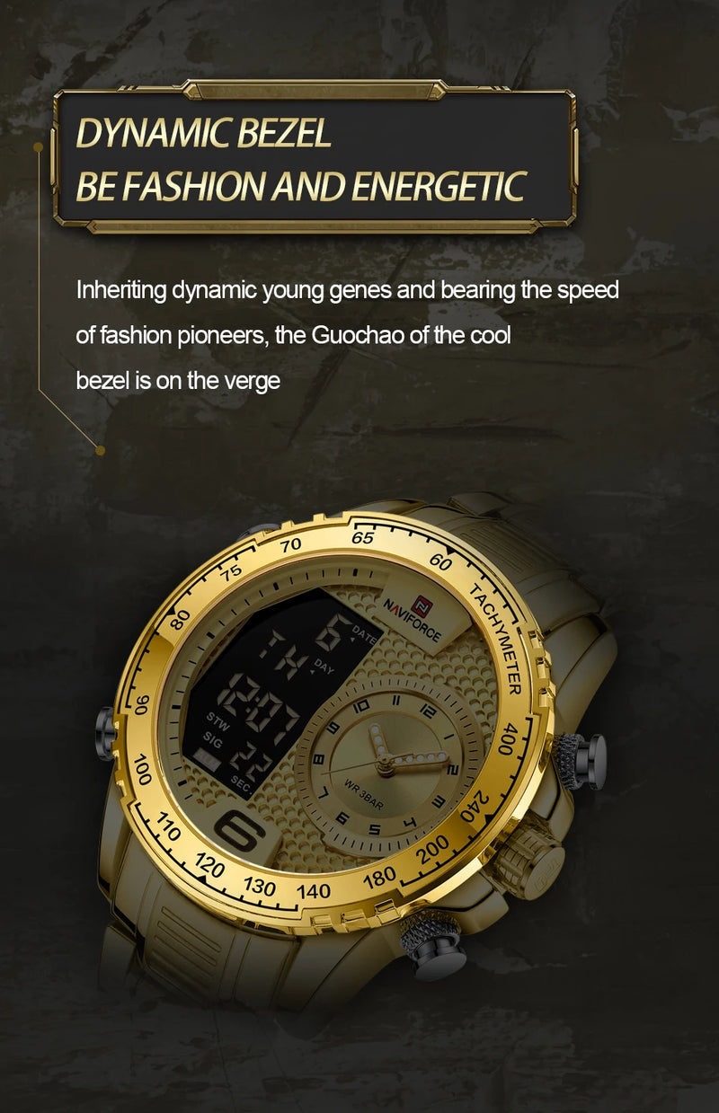 NAVIFORCE Luxury Quartz Watch for Men Honeycomb Dial Design Stainless Steel Wristwatch Dual Display Digital Watches Male Clock