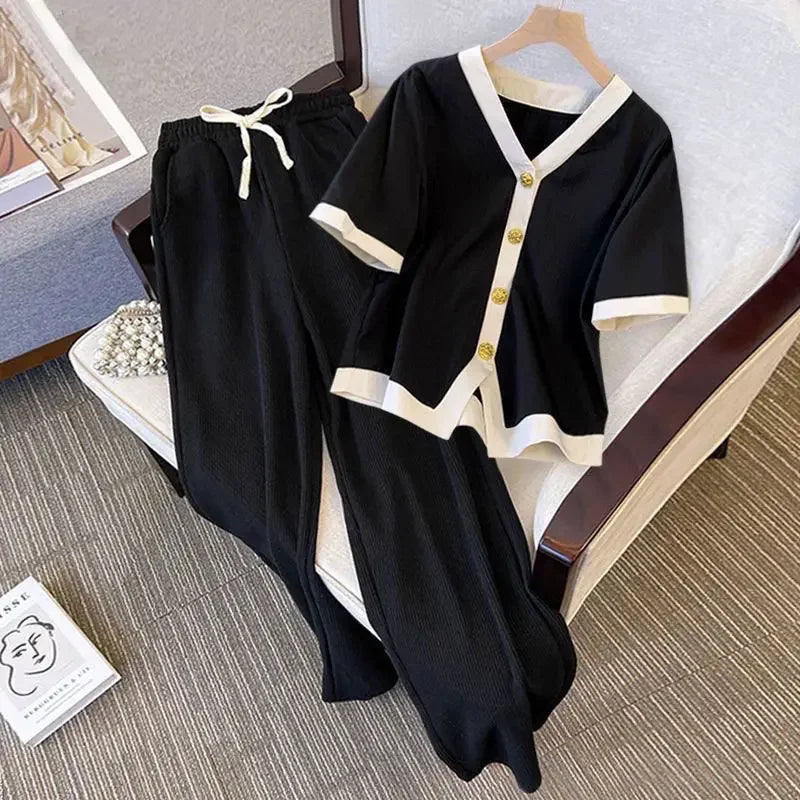 Plus size feminino verão outfit conjunto de uma peça elegante idade-reduzindo emagrecimento corpo moldar casual bell bottoms terno de duas peças