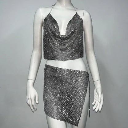 Conjunto de 2 piezas formado por top corto, falda y pantalón corto, sin mangas, con diamantes de imitación y cuello halter, para mujer, estilo playero, a la moda, para verano