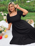 Plus Size Women's Pure Color Wrap Ruffle Hem Midi Dress Square Neck Backless Short Sleeve Dress Elegant temperament
