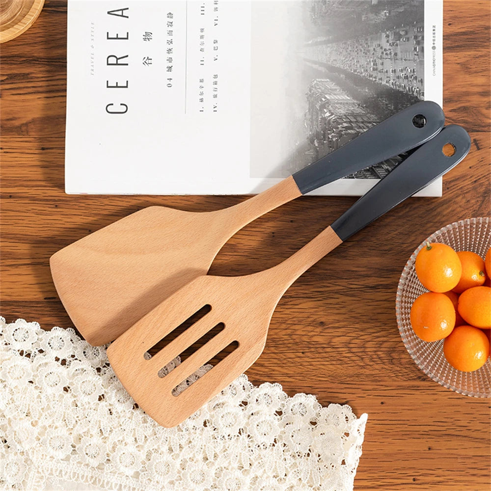 Espátula de madera con mango largo para cocinar, antiadherente, para saltear, resistente al calor, para el hogar, accesorio de cocina