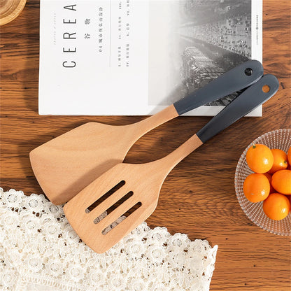 Espátula de madera con mango largo para cocinar, antiadherente, para saltear, resistente al calor, para el hogar, accesorio de cocina
