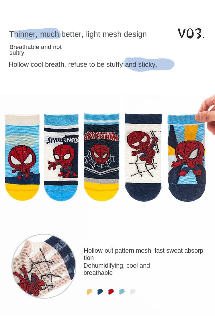 5 Pairs Children Socks Spider-Man Kids Boys Short Socks Iron Man Captain America Cartoon Baby Summer Spring Mesh Socks 1-12Y